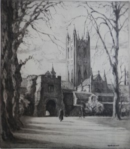 The Dark Entrance of Canterbury Cathedral from Green Park by Gyrth Russell image size 11 7/8 x 10 1/4