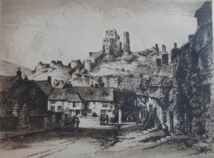 Corfe Castle - etching by Albany E Howarth image size 9 3/8 x 12 3/8