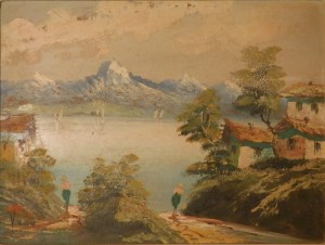 Mountain Lake Scene signed/undated oil on hardboard