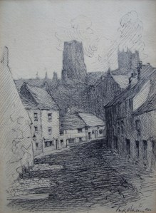 Cathedral View pen and ink drawing signed, dated 1921