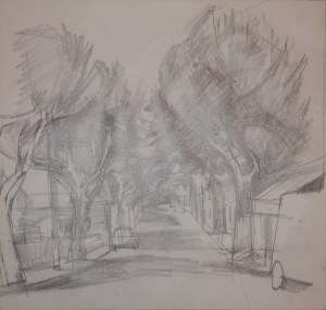 Tree-lined street unknown artist