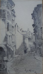 European street scene pen and ink drawing signed, dated 1921