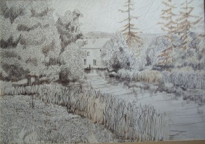 River and House pencil, ink, and wash by Robert Villard 