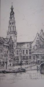 Amsterdam canal pen and ink drawing  @ 1950 by Kokie Molsbergen